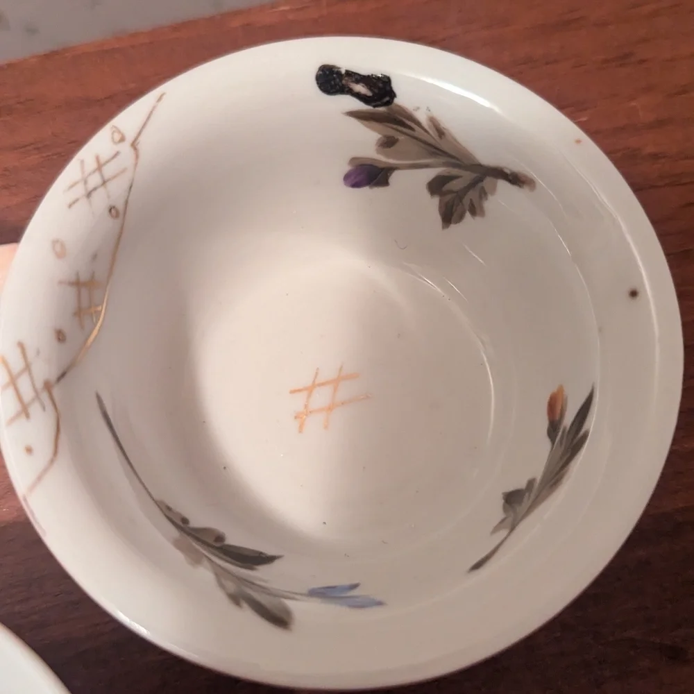 Vintage porcelain bowls pink floral hatch work